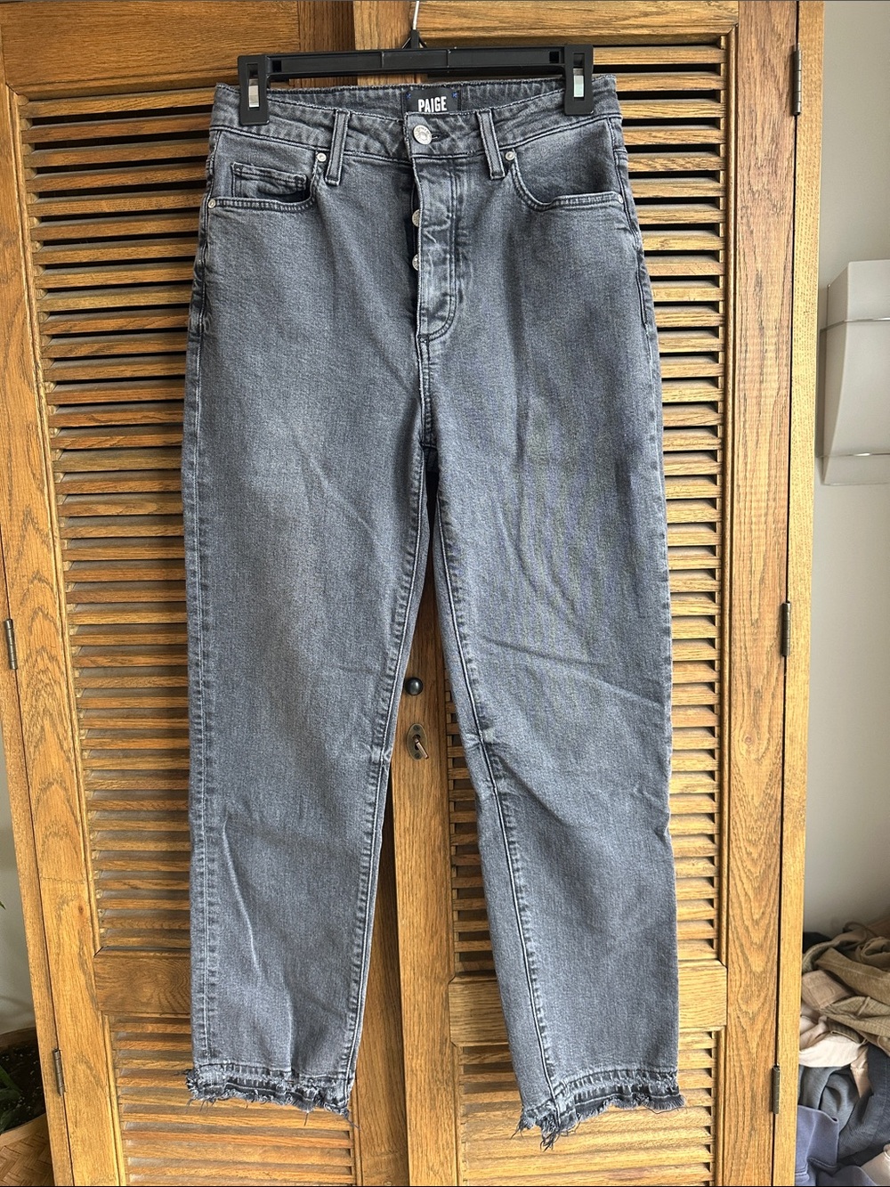 PAIGE Washed Gray Straight Jeans with Frayed Hem